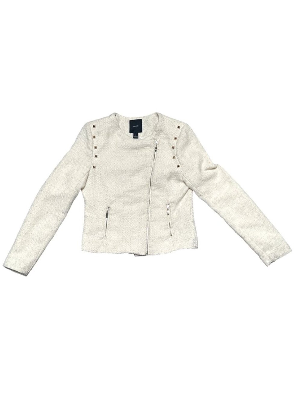 Forever 21 Size S Ivory Studded Moto Jacket Textured Weave Streetwear Vibes Chic - Picture 12 of 14